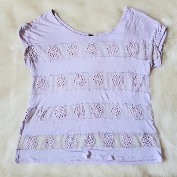 Free People Lavender Striped Embroidered Tee Sz XS - Picture 2 of 10